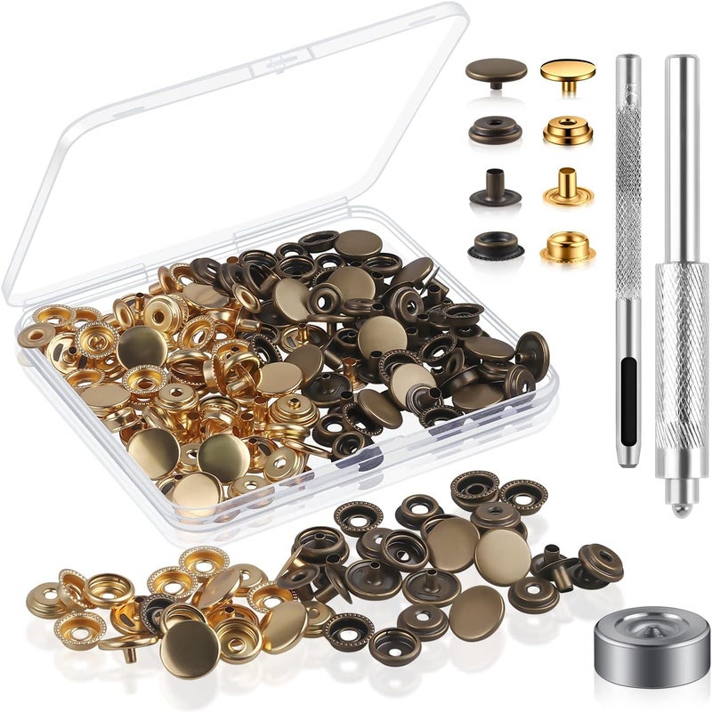 Moocci 200 Pcs (50 Sets) 5/8 inch (15mm) Leather Snap Fastener Kit Tool Snaps for Leather Stainless Snap Buttons for Bag, Jeans, Clothes, Fabric (Gold+Bronze) - Image 1